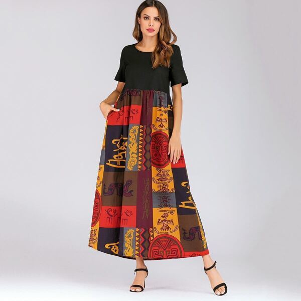 

Graphic Print Hidden Pocket Dress, Multicolor