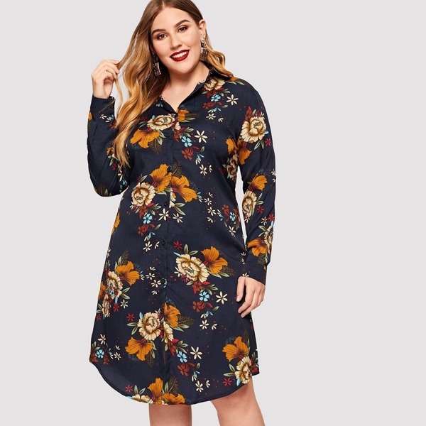 

Plus Floral Print Shirt Dress