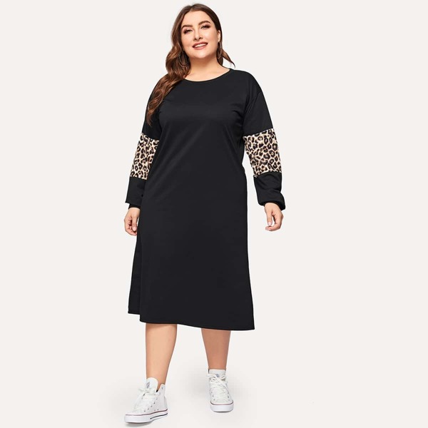 

Plus Contrast Leopard Sweatshirt Dress