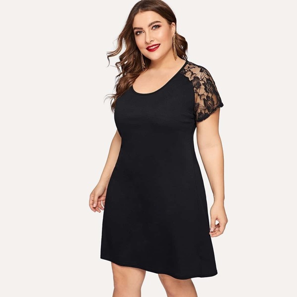 

Plus Contrast Lace Solid Dress, Black