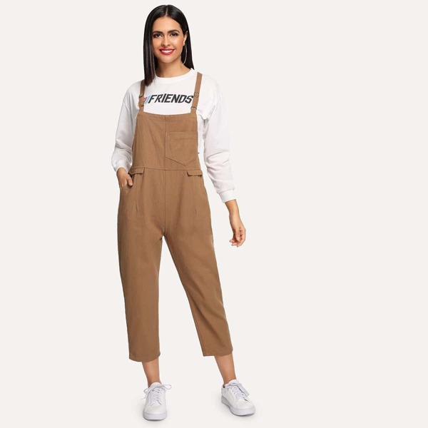 

Solid Pocket Front Denim Overalls, Khaki