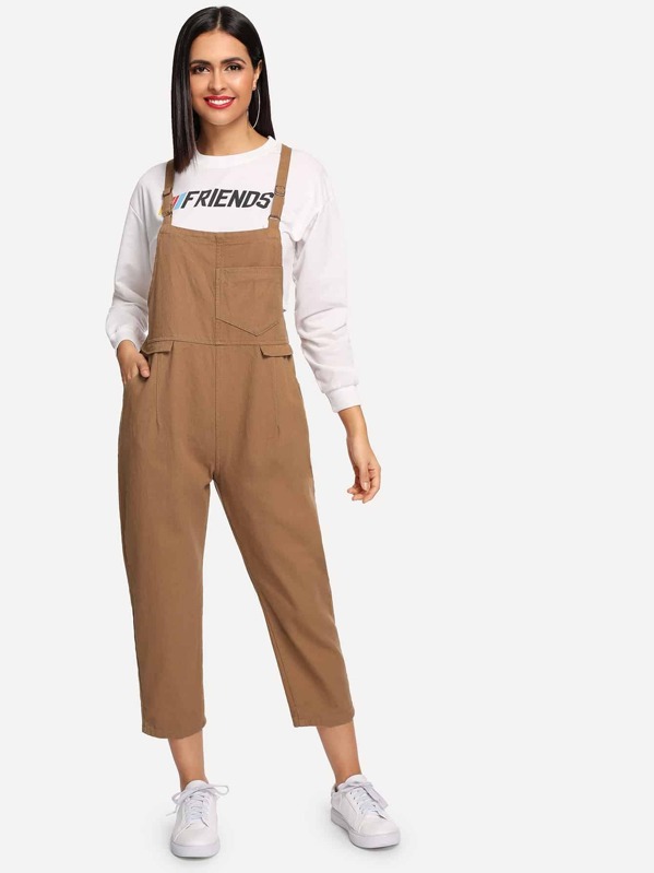 

Solid Pocket Front Denim Overalls, Khaki, Verob