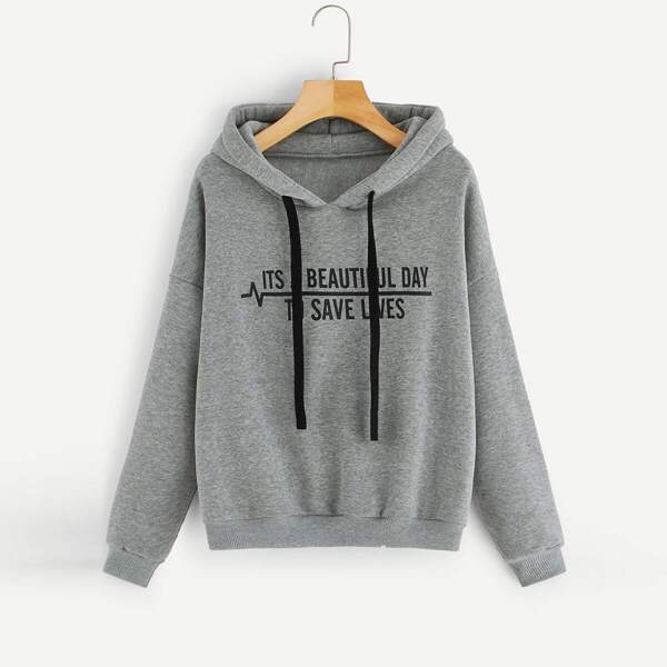 

Slogan Graphic Drop Shoulder Hoodie, Grey