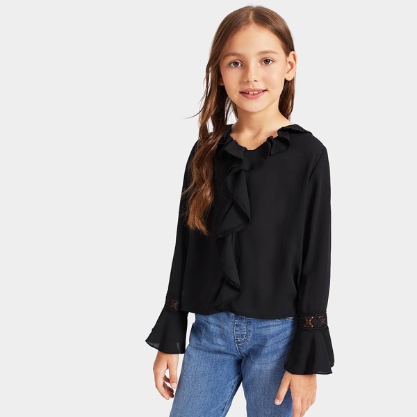 

Girls Lace Insert Bell Sleeve Ruffle Trim Blouse