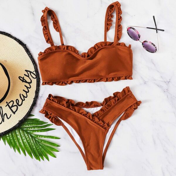 

Frill Trim Top With Wrap Bikini Set