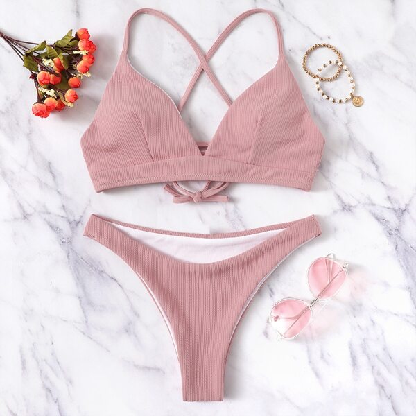 

Crisscross Knot Back Textured Bikini Set, Pink