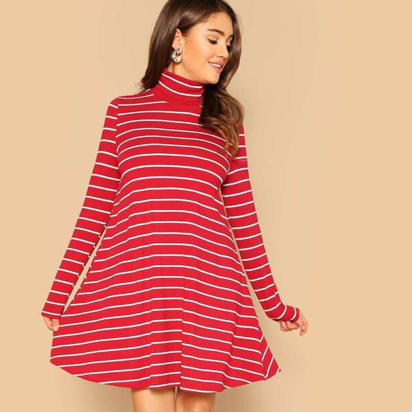

High Neck Striped Swing Dress