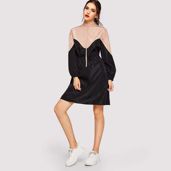 

Zip Front Drawstring Waist Color-block Jacket