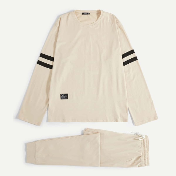 

Men Varsity Striped Sleeve Badge Patched Tee & Pants PJ Set