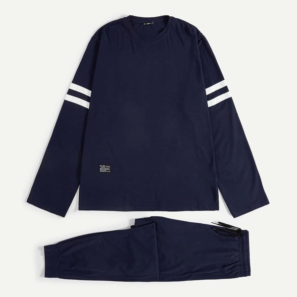 

Men Patched Detail Varsity Striped Sleeve Top & Pants PJ Set