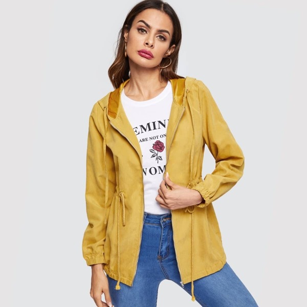 

Zip Up Drawstring Waist Hooded Coat