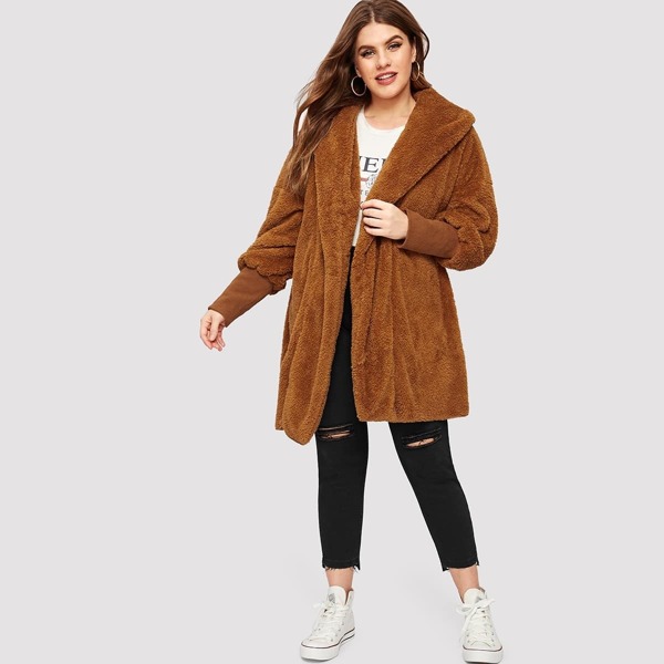 

Plus Wide Cuff Hooded Teddy Coat
