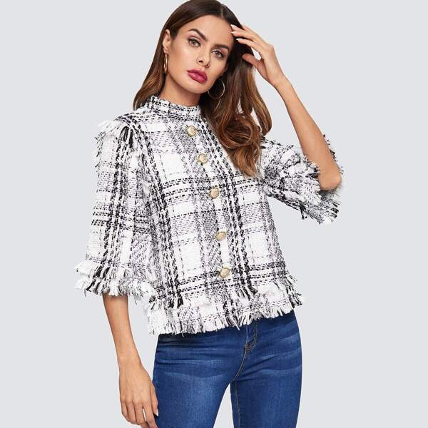

Buttoned Frayed Trim Tweed Coat