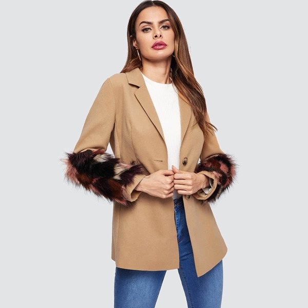 

Contrast Faux Fur Sleeve Buttoned Coat