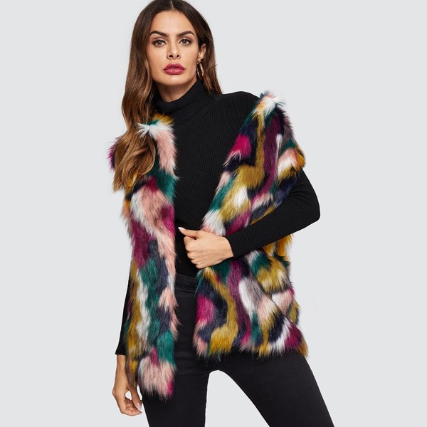 

Open Front Colorful Faux Fur Vest, Multicolor