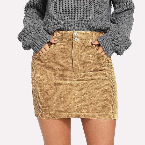 

Double Button Front Corduroy Bodycon Skirt