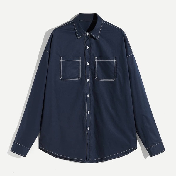 

Men Pocket Patched Contrast Stitch Curved Hem Shirt, Navy
