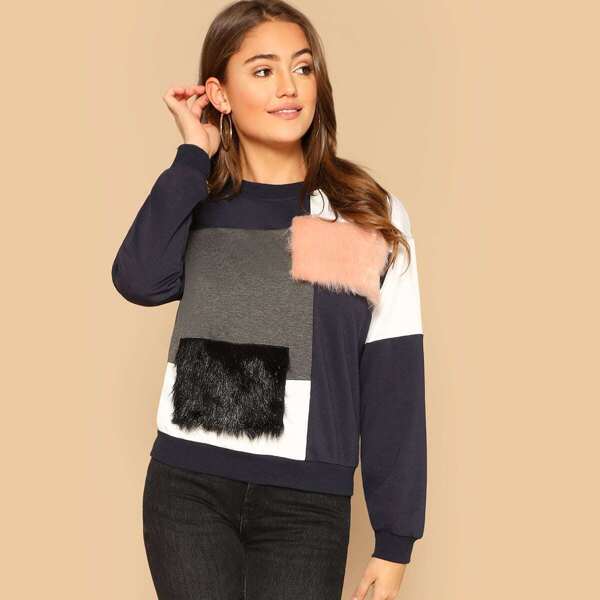

Cut-and-sew Faux Fur Detail Pullover