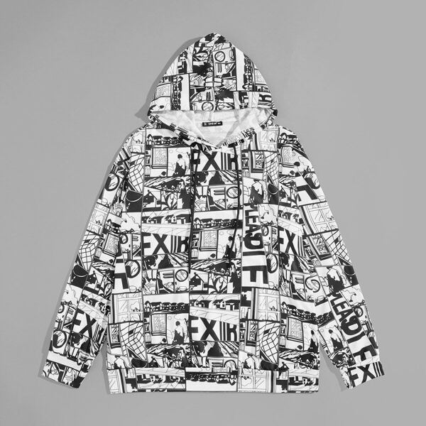 

Men Allover Print Hoodie, Black and white