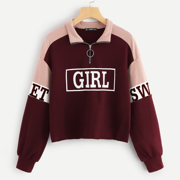 

Color Block Zip Half Placket Letter Print Pullover
