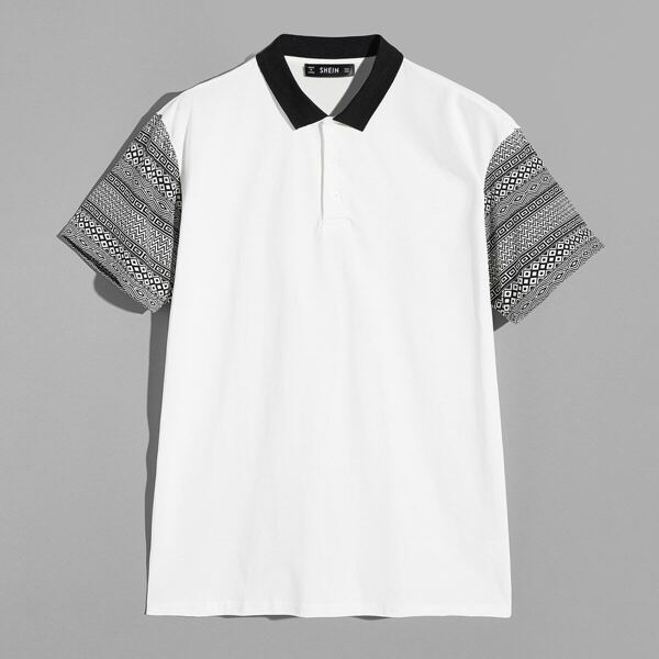 

Men Geo Print Sleeve Half Placket Polo Shirt