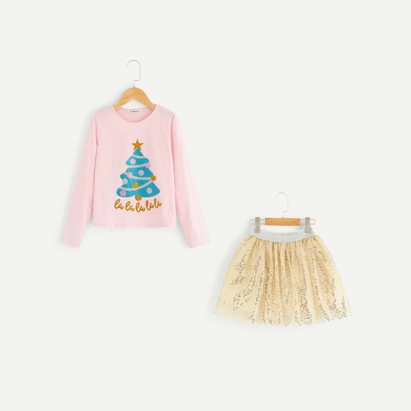 

Girls Christmas Tree Print Top & Skirt Set, Multicolor