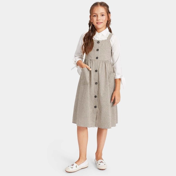 

Girls Button & Pocket Front Plaid Pinafore Dress