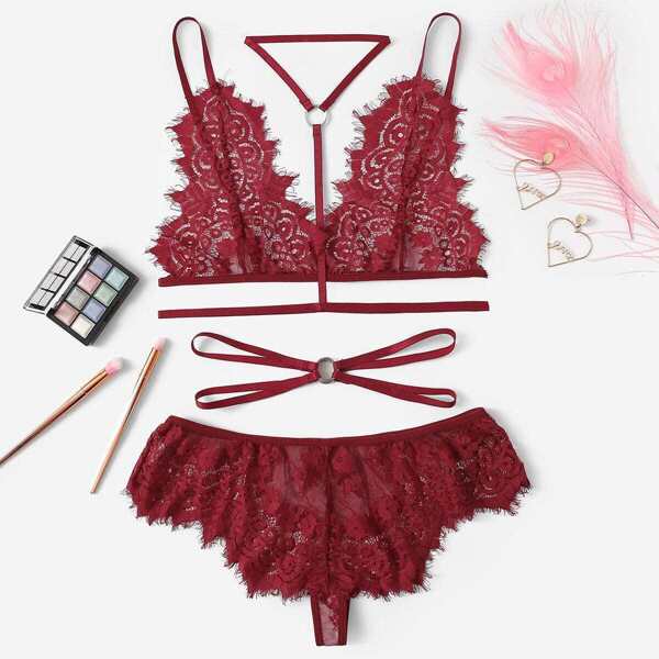 

Eyelash Lace Harness Detail Lingerie Set With Choker