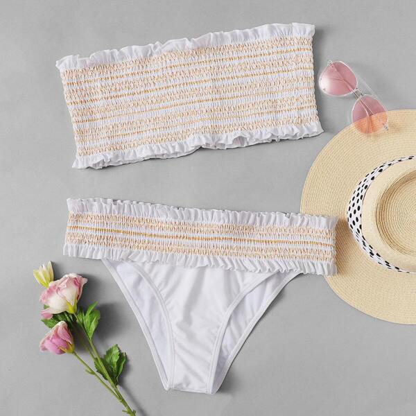 

Plus Frill Trim Smocked Bikini Set, White