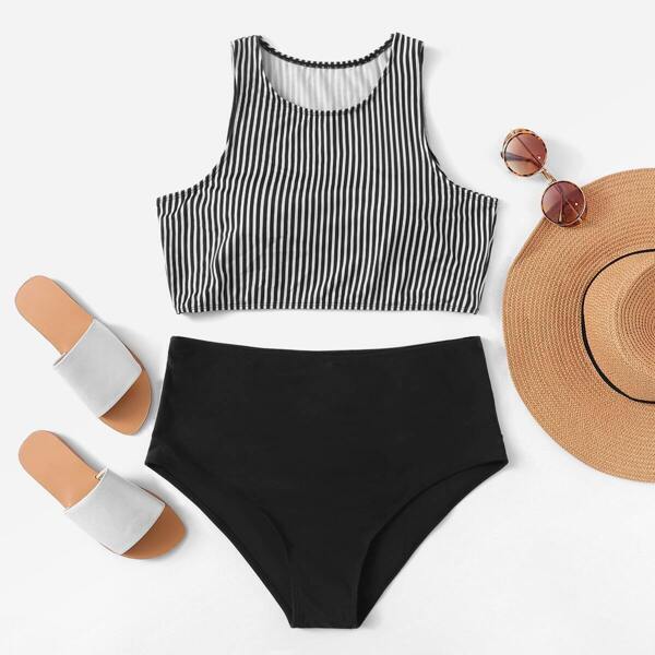 

Plus Striped Top With High Waist Bikini Set