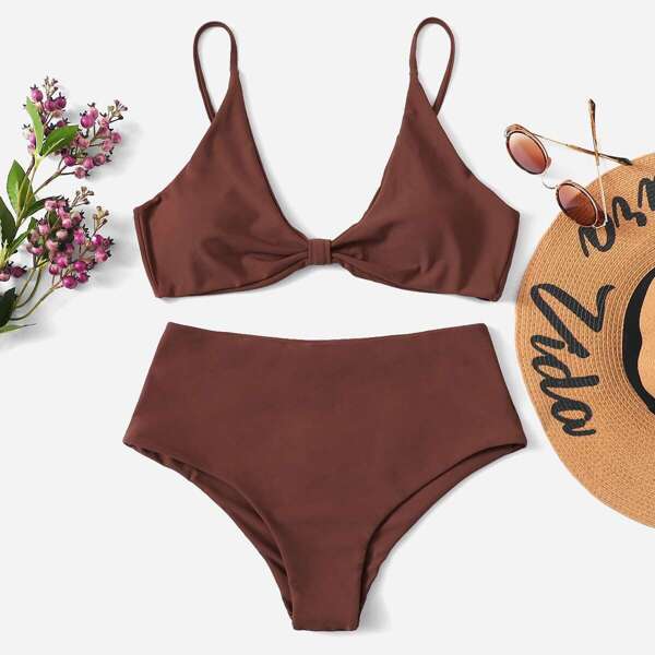 

Plus Knot Front Top With High Waist Bikini