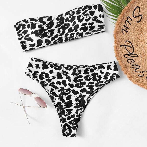 

Leopard Print Bandeau With High Waist Bikini Set