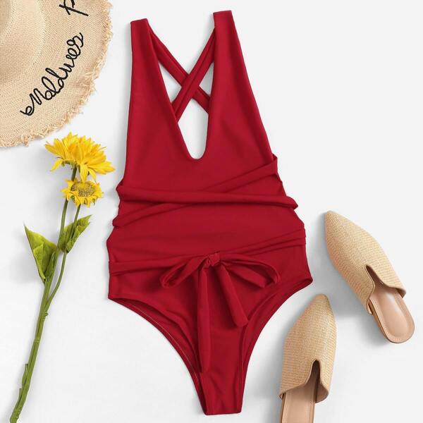 

V-Plunge Criss Cross Backless Tie Front One Piece Swimwear