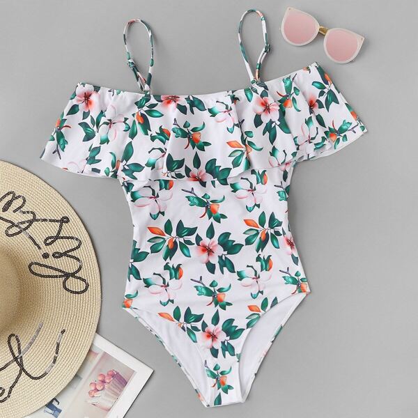 

Random Floral & Leaf Print Flounce One Piece Swimwear, Multicolor