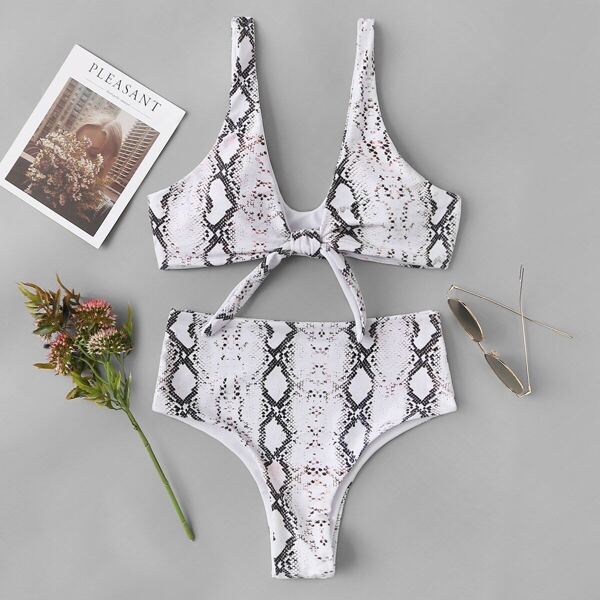 

Snakeskin Tie Front Top With High Waist Bikini, Multicolor