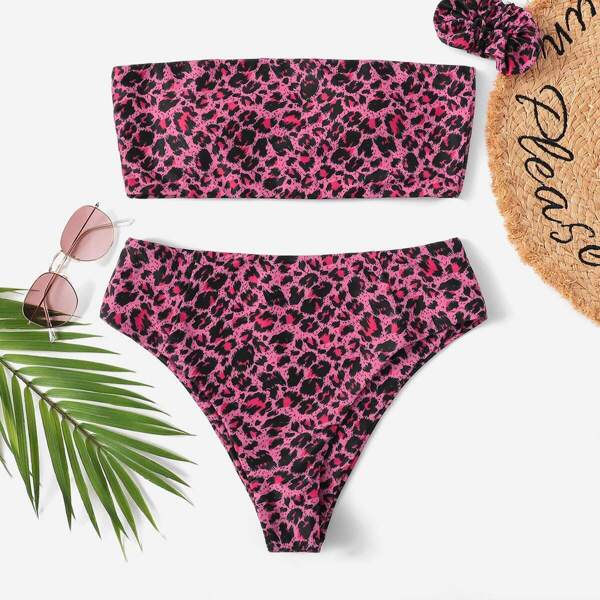 

Leopard Bandeau With High Waist Bikini With Hair Tie