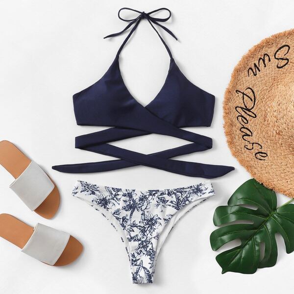

Wrap Top With Random Leaf Print Bikini, Multicolor