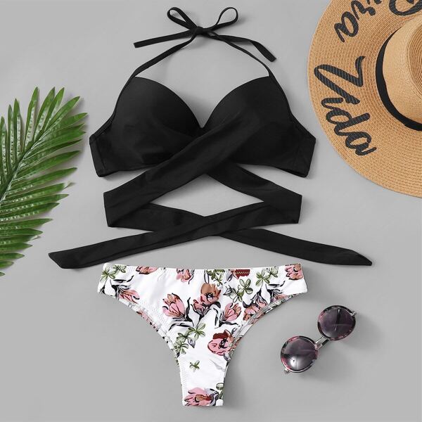 

Wrap Halter Top With Random Floral Bikini, Multicolor