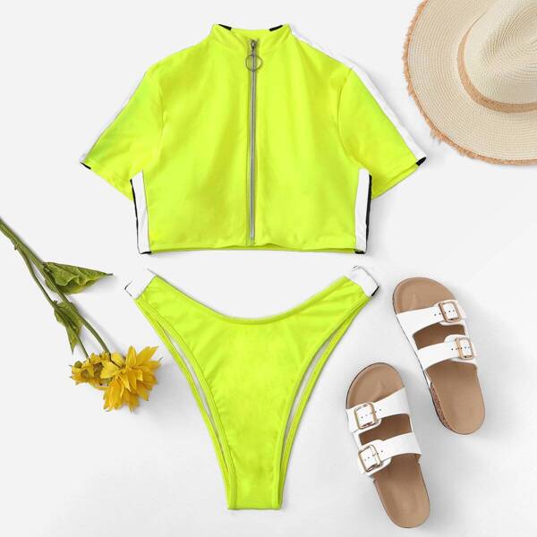 

Neon Lime Zip Up Short Sleeve Two Piece Swimwear, Green bright