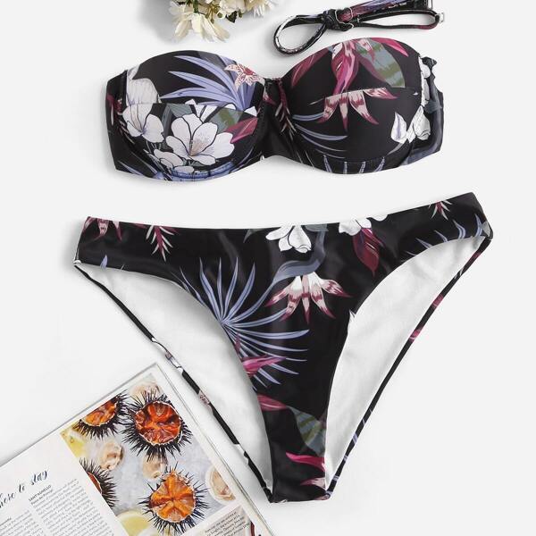 

Random Floral & Leaf Print Bandeau Bikini Set, Multicolor