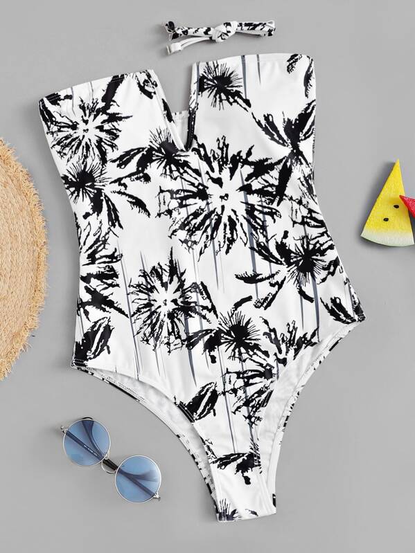 

Random Graphic Bandeau One Piece Swimwear, Black and white