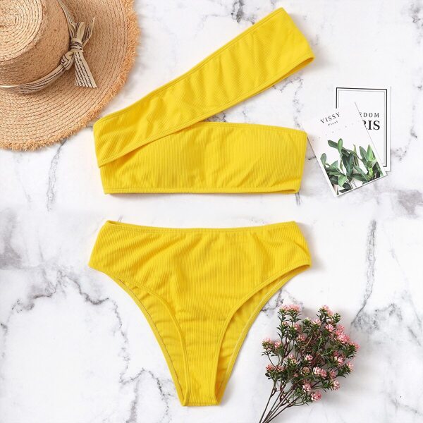 

One Shoulder Top With Ribbed Bikini Set