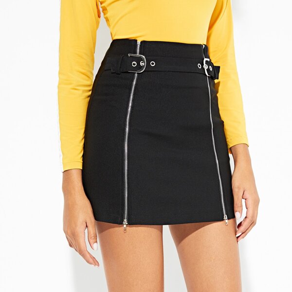 

Zip Up Buckle Utility Skirt, Black