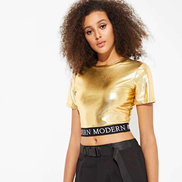 

Metallic Letter Tape Crop Tee