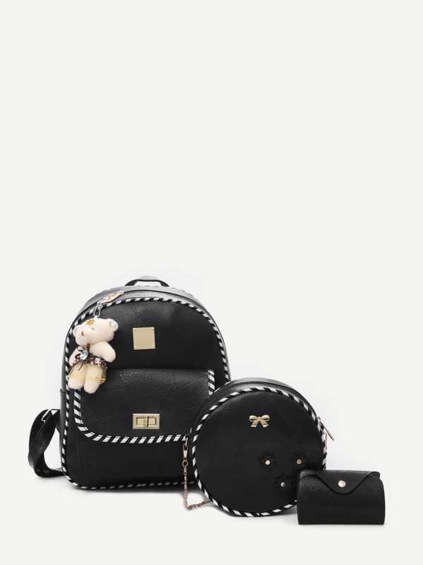 

Bear Charm Decor Backpack With Purse 3pcs, Black
