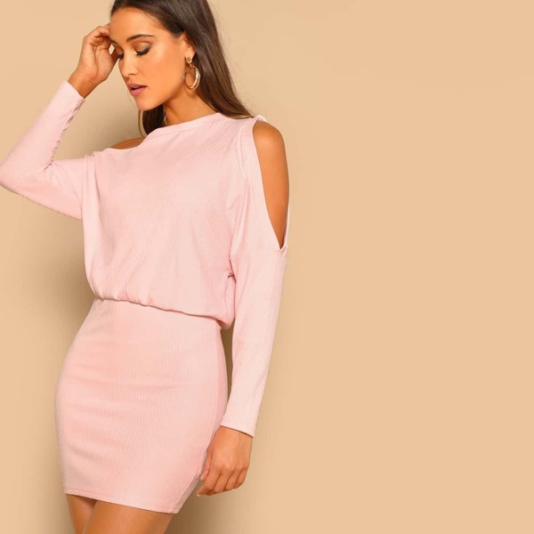 

Asymmetric Cold Shoulder Rib Knit Blouson Dress