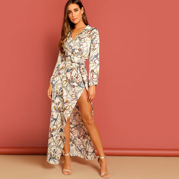 

Chain Print Split Surplice Maxi Shirt Dress, Multicolor