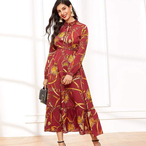 

Chain Print Tie Neck Ruffle Hem Longline Dress