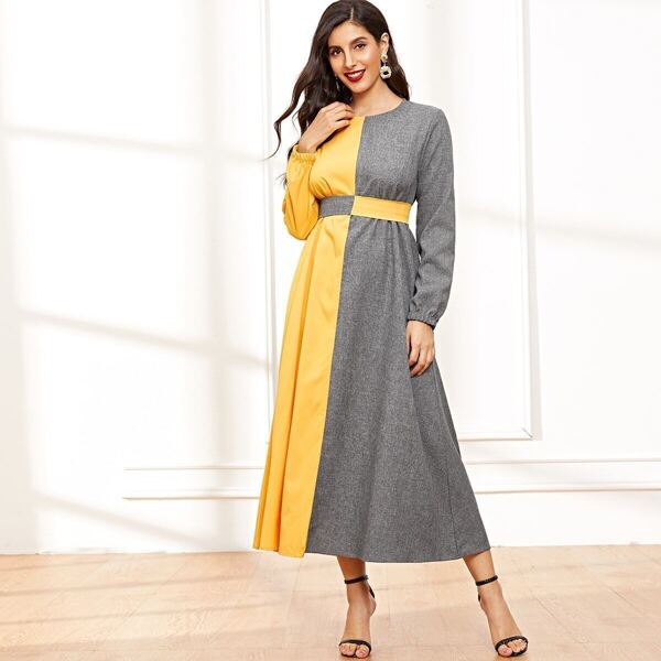 

Color Block Bishop Sleeve Longline Dress, Multicolor