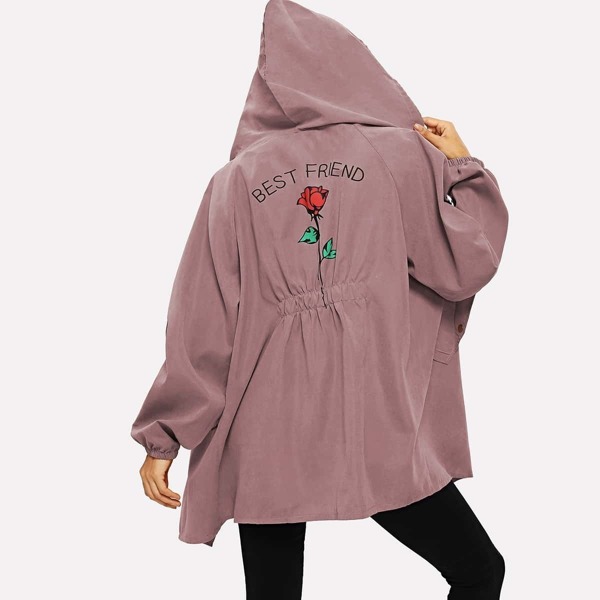 

Letter & Floral Print Raglan Sleeve Hooded Outerwear
